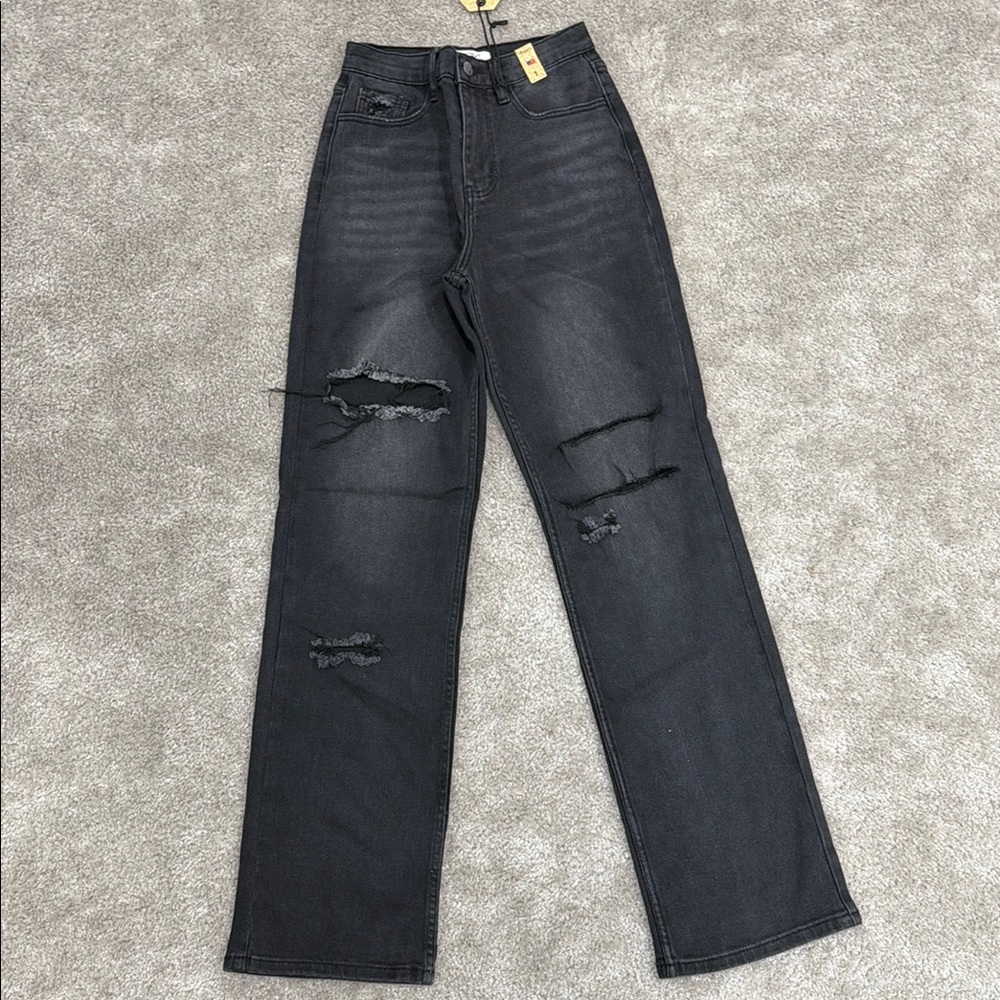 Vibrant Black Distressed Straight Leg Jeans